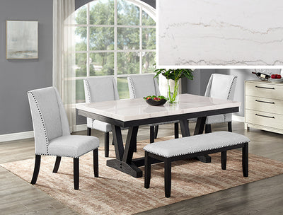 Varley- Marble topped 5pc Dining table with Bench