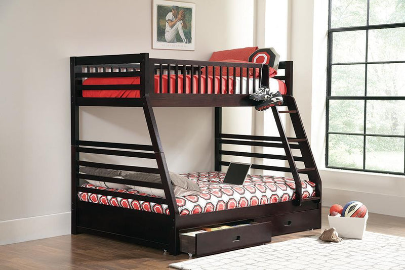 Ashton Twin Over Full 2-drawer Bunk Bed Cappuccino, White, Navy, Honey, & Brown