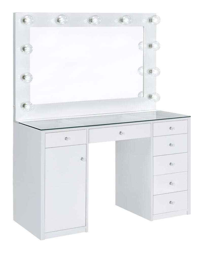 Percy 7-drawer Glass Top Vanity Desk with Lighting White