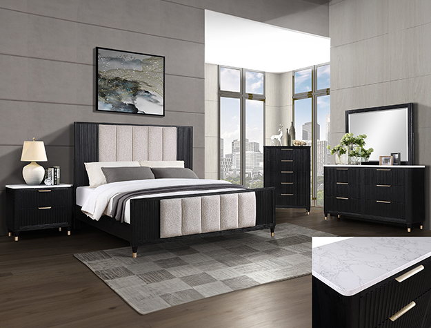 Kara Bedroom Suite - Black Beige Upholstered Wooden Panel B1400