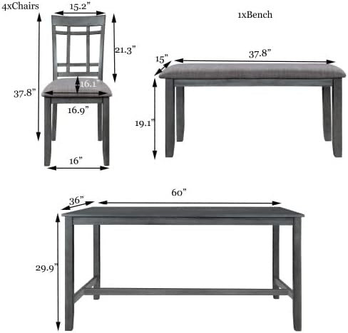 Gray wash- 6pc Dining table set with bench